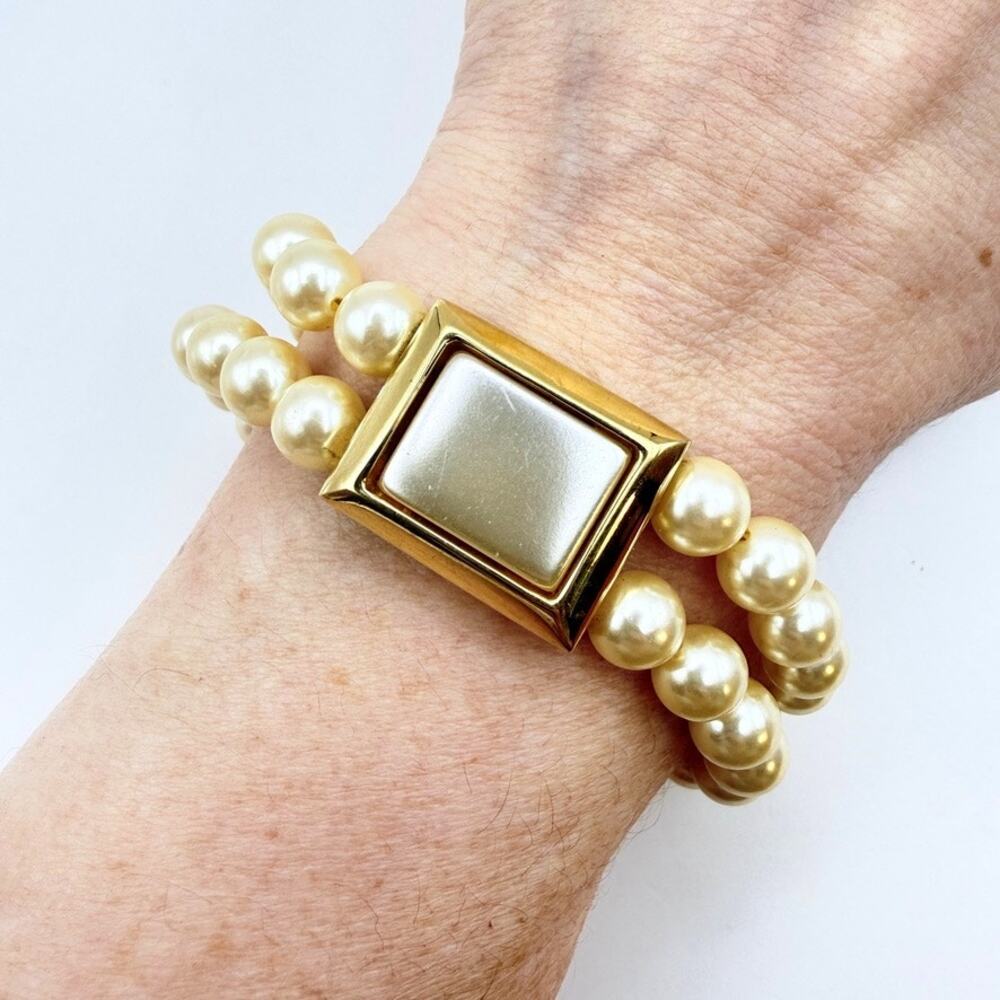 Vintage Napier Double Strand Faux Pearl Bracelet Gold Tone MCM Signed 6 1/4"
